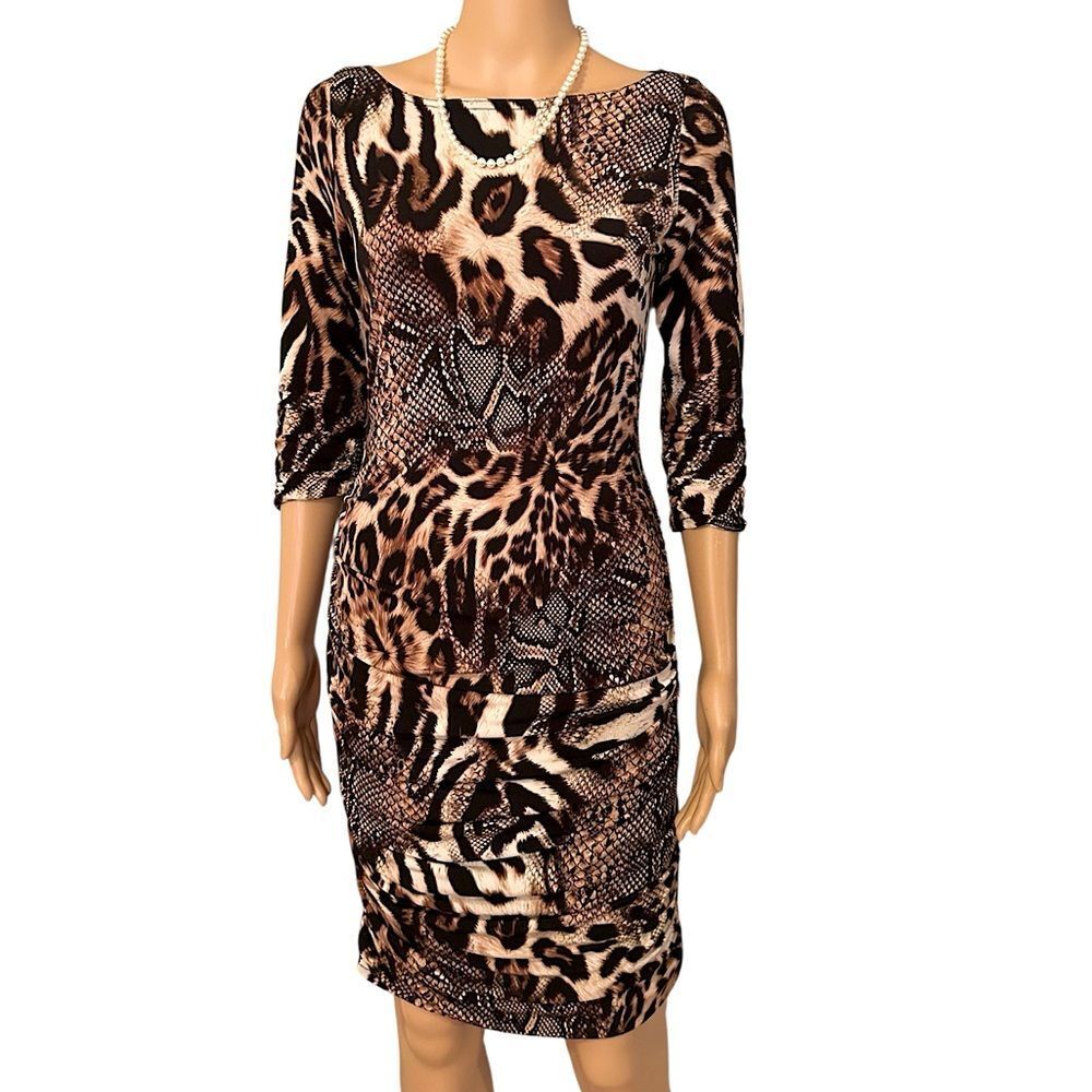 Joseph Ribkoff Women’s Size 4 Cheetah Leopard Fitted Half Sleeve Midi Dress